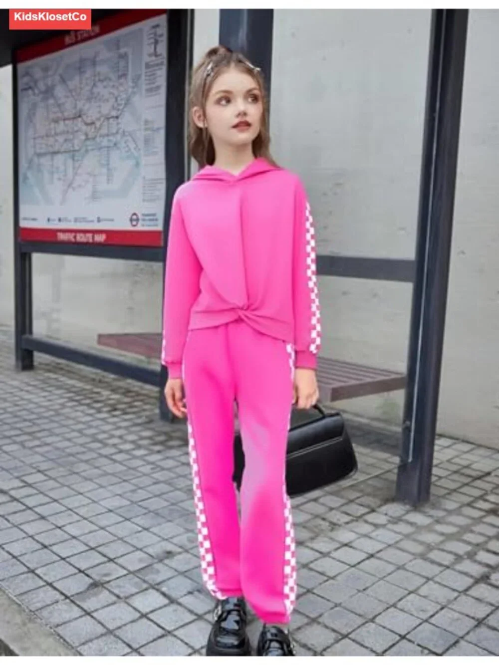 Girls 2 Piece Tracksuit Set Checkerboard Hoodie & Jogger Lounge Outfit 6-16Y